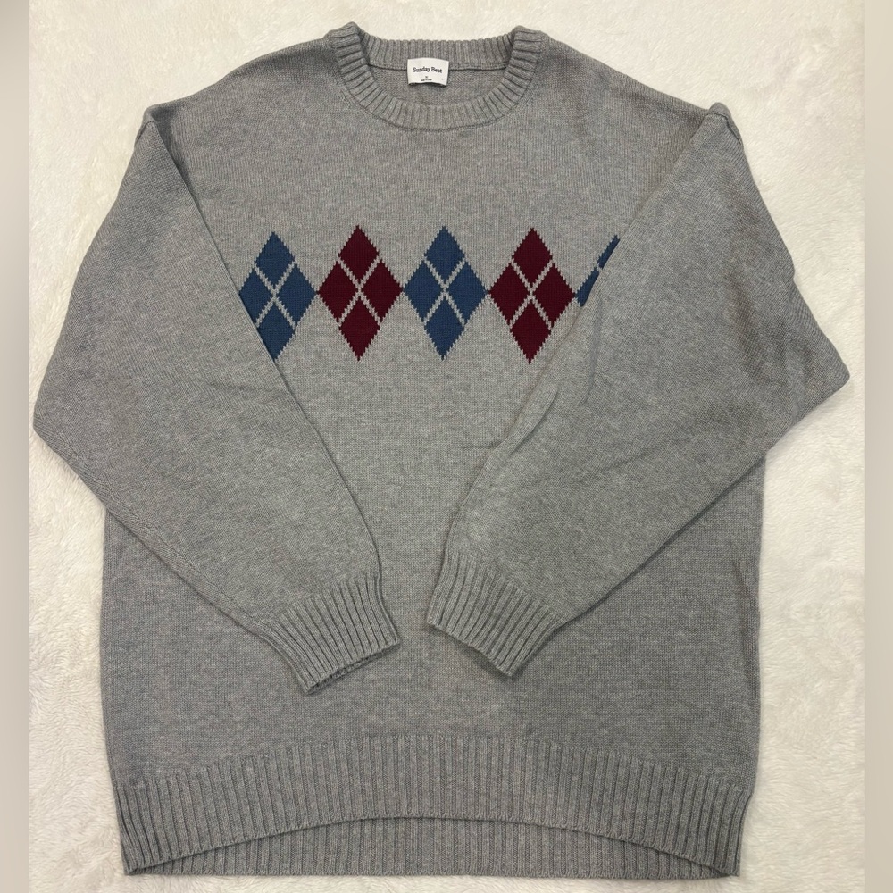 Aritzia Sunday Best Gray Crewneck Sweater with Argyle Pattern